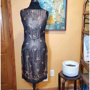 VTG 90s Liz Claiborne Beaded Dress Sz 6 Phoebe 100% Silk Chiffon Overlay Floral